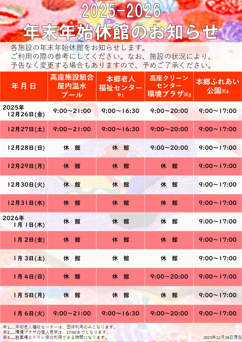 2025～2026年 年末年始休館のお知らせ - 高座クリーンセンター 環境プラザ